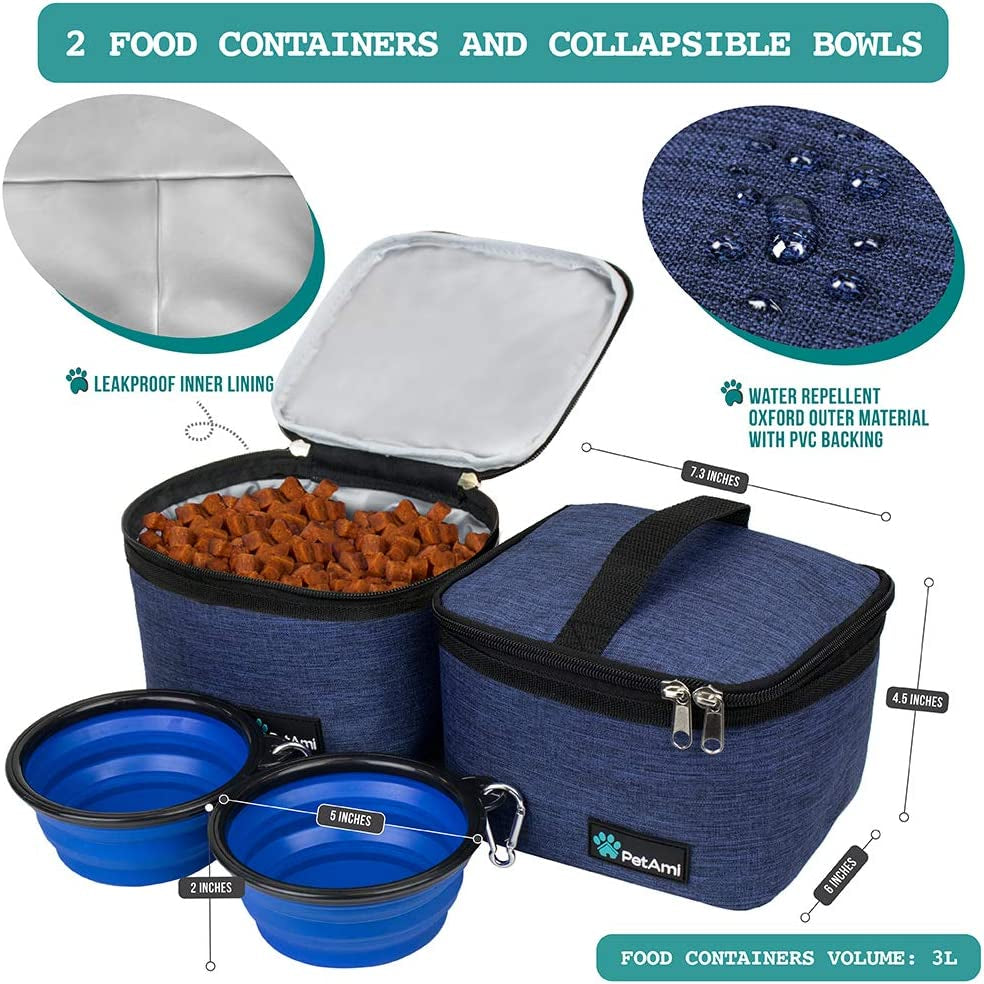 Dog Travel Bag Organizer, Pet Travel Kit with 2 Food Containers & 2 Collapsible Dog Bowls, Pet Supplies Tote with Luggage Sleeve, Weekend Road Trip Camping Essentials, Navy Blue, Medium