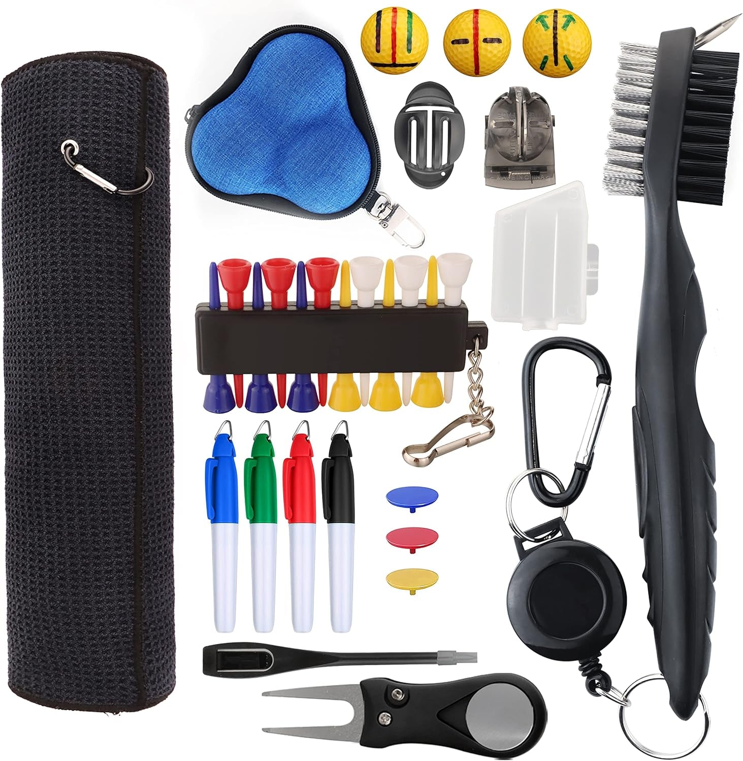 Golf Essentials Kit, 29 in 1 Golf Club Cleaning Kit - Golf Towel, Golf Club Brush, Gift Golf Balls, Golf Line Stencils and Pens, Golf Tee and Markers, Golf Divot Repair Tool - Golf Accessories for Men