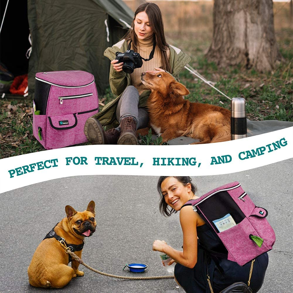 Dog Travel Bag Backpack, 27L Airline Approved Pet Supplies Organizer with 2 Food Containers, 2 Collapsible Bowls & Poop Bag Dispenser, Weekend Road Trip Camping Dog Mom Gift, Pink