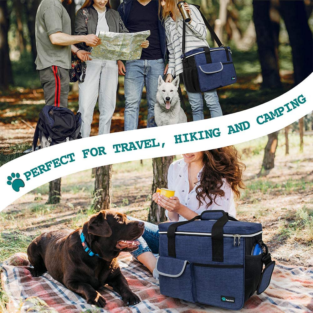 Dog Travel Bag Organizer, Pet Travel Kit with 2 Food Containers & 2 Collapsible Dog Bowls, Pet Supplies Tote with Luggage Sleeve, Weekend Road Trip Camping Essentials, Navy Blue, Medium