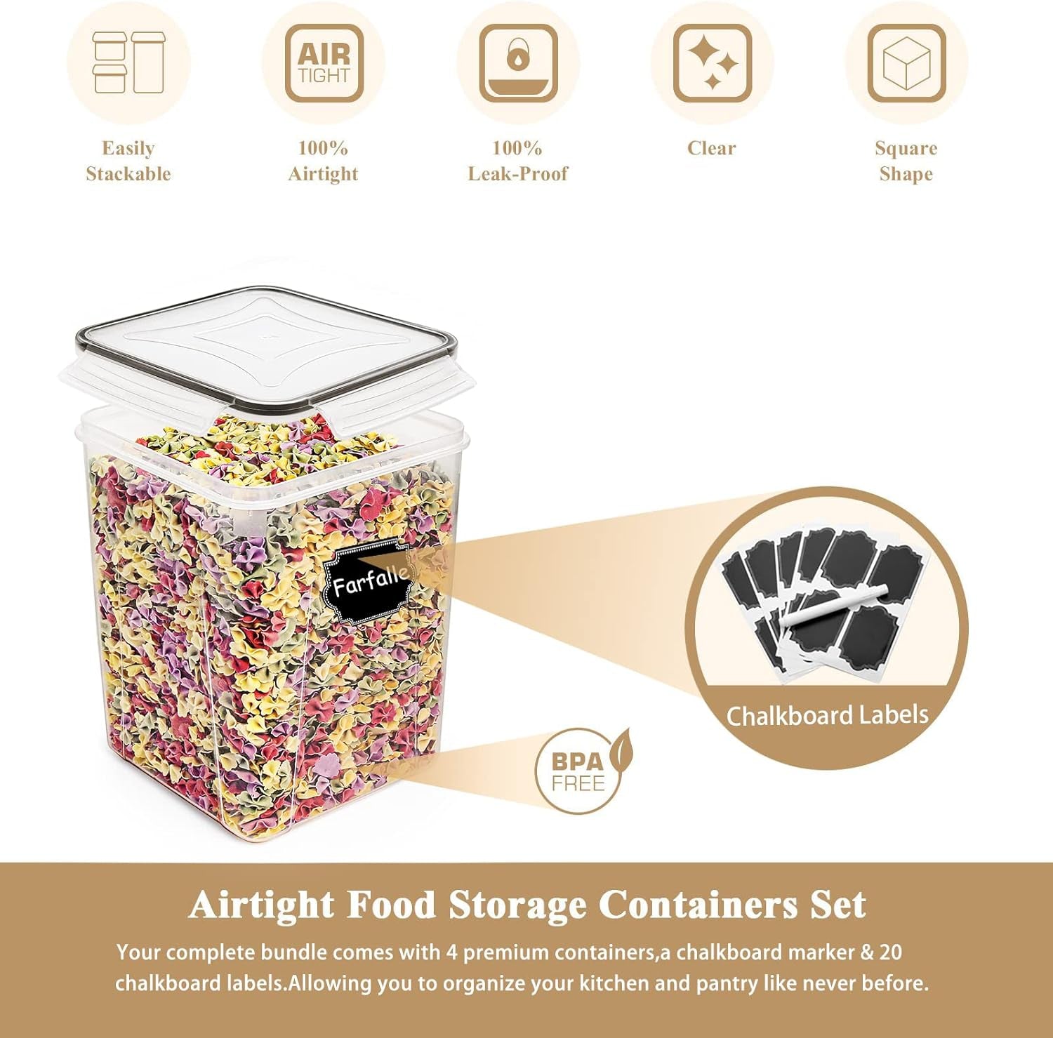 Flour Storage Containers 5.2L, 4 PCS Food Storage Containers, Black | for Bulk Flour and Sugar Storage, Airtight Seal, BPA Free, Food Grade Material, 20 Labels Included
