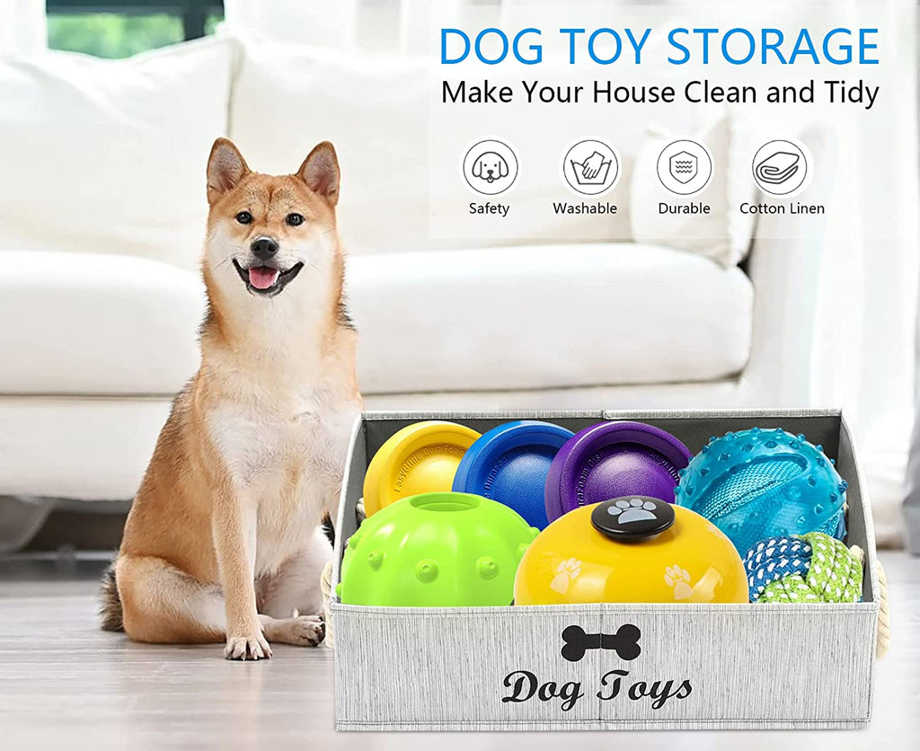 Large Dog Toy Bin Puppy Shallow Toy Basket Dog Toy Storage Perfect for Living Room Playroom Closet Home Organization - Grey Canvas