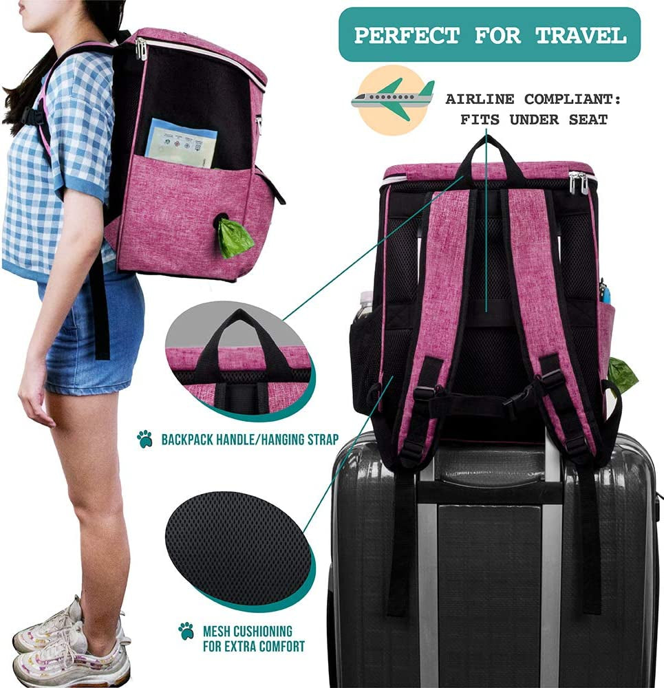 Dog Travel Bag Backpack, 27L Airline Approved Pet Supplies Organizer with 2 Food Containers, 2 Collapsible Bowls & Poop Bag Dispenser, Weekend Road Trip Camping Dog Mom Gift, Pink