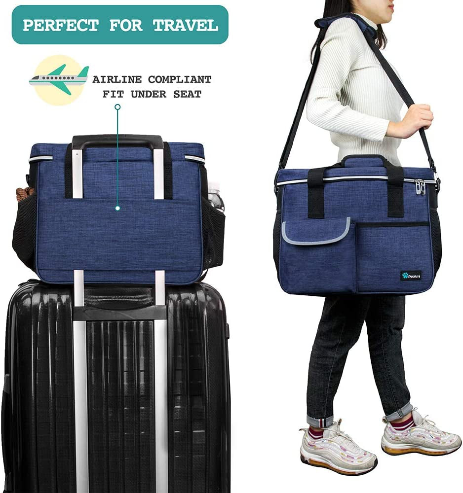 Dog Travel Bag Organizer, Pet Travel Kit with 2 Food Containers & 2 Collapsible Dog Bowls, Pet Supplies Tote with Luggage Sleeve, Weekend Road Trip Camping Essentials, Navy Blue, Medium