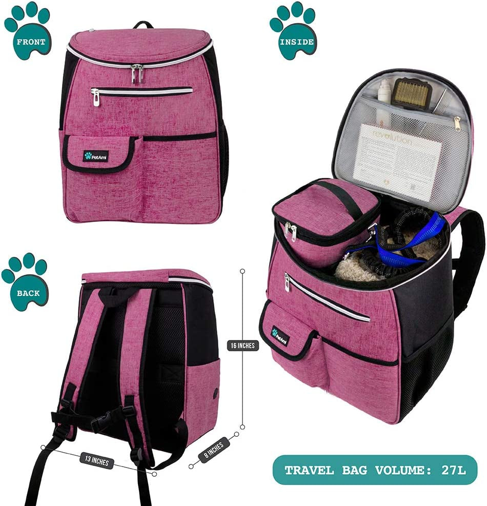Dog Travel Bag Backpack, 27L Airline Approved Pet Supplies Organizer with 2 Food Containers, 2 Collapsible Bowls & Poop Bag Dispenser, Weekend Road Trip Camping Dog Mom Gift, Pink