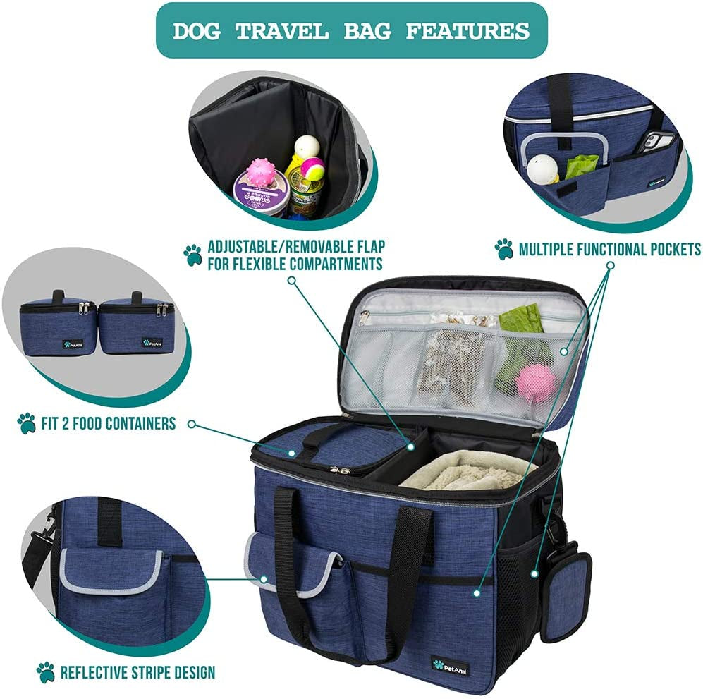 Dog Travel Bag Organizer, Pet Travel Kit with 2 Food Containers & 2 Collapsible Dog Bowls, Pet Supplies Tote with Luggage Sleeve, Weekend Road Trip Camping Essentials, Navy Blue, Medium