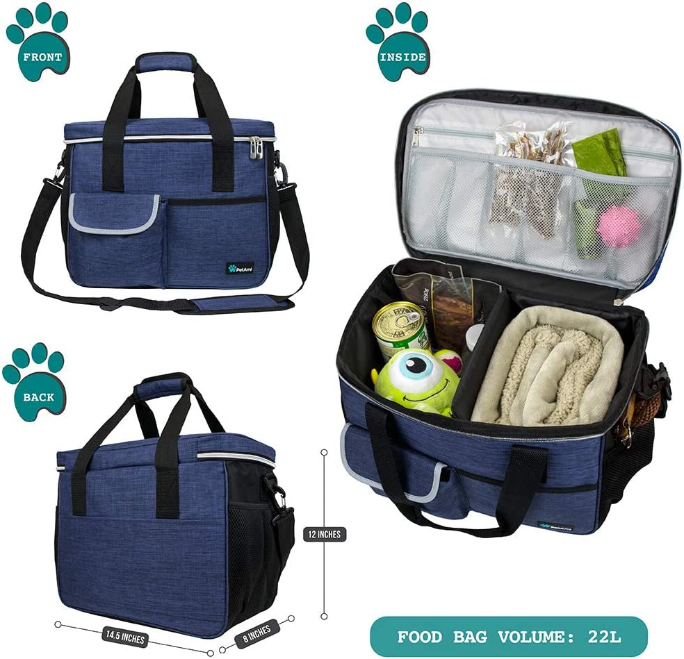Dog Travel Bag Organizer, Pet Travel Kit with 2 Food Containers & 2 Collapsible Dog Bowls, Pet Supplies Tote with Luggage Sleeve, Weekend Road Trip Camping Essentials, Navy Blue, Medium