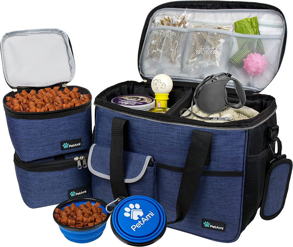 Dog Travel Bag Organizer, Pet Travel Kit with 2 Food Containers & 2 Collapsible Dog Bowls, Pet Supplies Tote with Luggage Sleeve, Weekend Road Trip Camping Essentials, Navy Blue, Medium