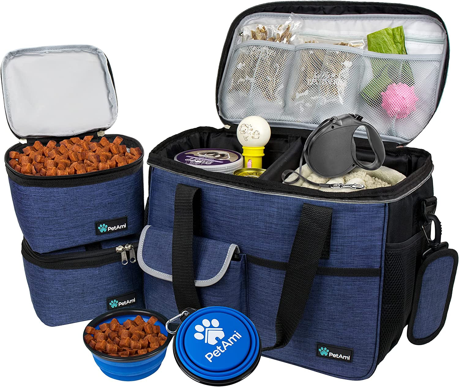 Dog Travel Bag Organizer, Pet Travel Kit with 2 Food Containers & 2 Collapsible Dog Bowls, Pet Supplies Tote with Luggage Sleeve, Weekend Road Trip Camping Essentials, Navy Blue, Medium