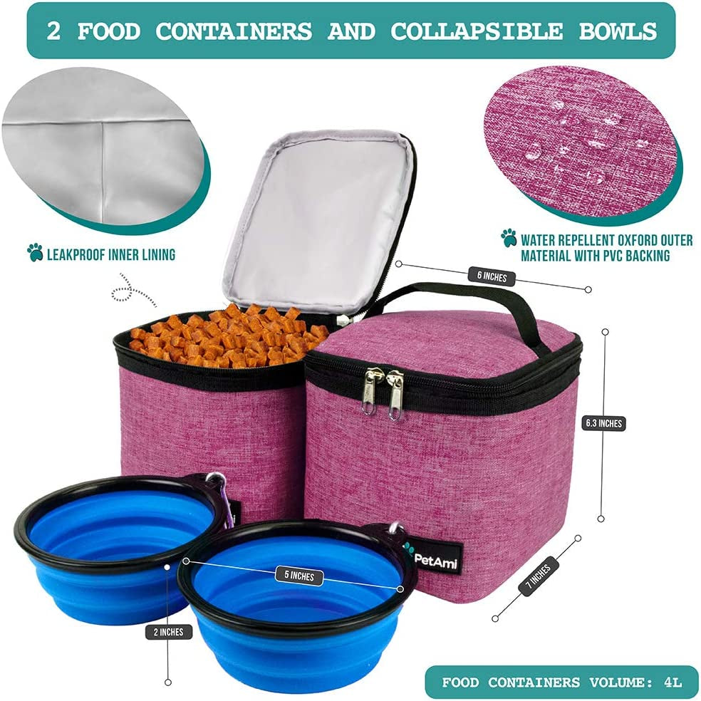 Dog Travel Bag Backpack, 27L Airline Approved Pet Supplies Organizer with 2 Food Containers, 2 Collapsible Bowls & Poop Bag Dispenser, Weekend Road Trip Camping Dog Mom Gift, Pink