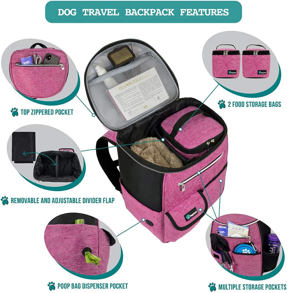 Dog Travel Bag Backpack, 27L Airline Approved Pet Supplies Organizer with 2 Food Containers, 2 Collapsible Bowls & Poop Bag Dispenser, Weekend Road Trip Camping Dog Mom Gift, Pink