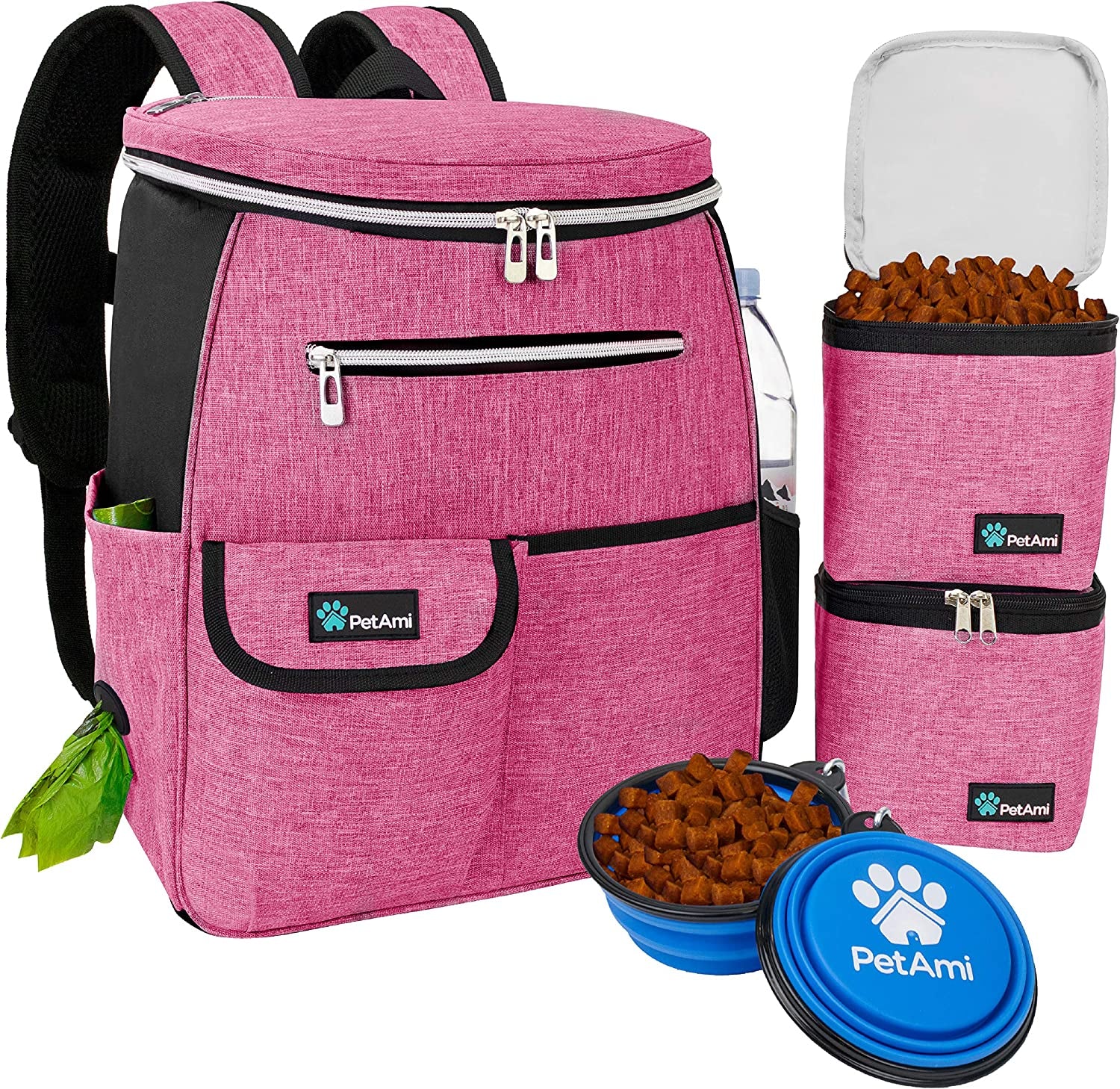 Dog Travel Bag Backpack, 27L Airline Approved Pet Supplies Organizer with 2 Food Containers, 2 Collapsible Bowls & Poop Bag Dispenser, Weekend Road Trip Camping Dog Mom Gift, Pink